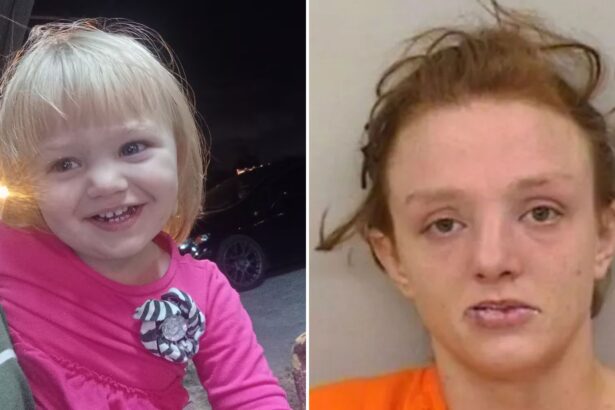 Split image showing toddler Acelynn Moss smiling in a pink top and a booking photo of Kristin Bass in an orange jail uniform.