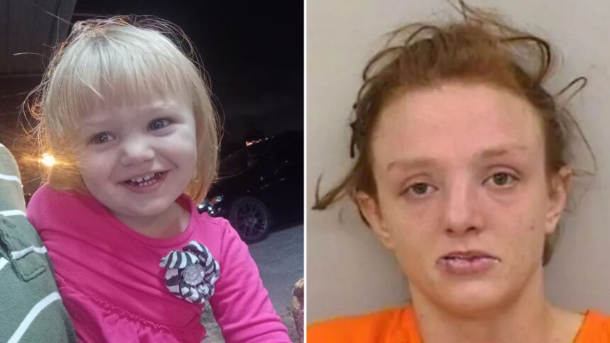 Split image showing toddler Acelynn Moss smiling in a pink top and a booking photo of Kristin Bass in an orange jail uniform.