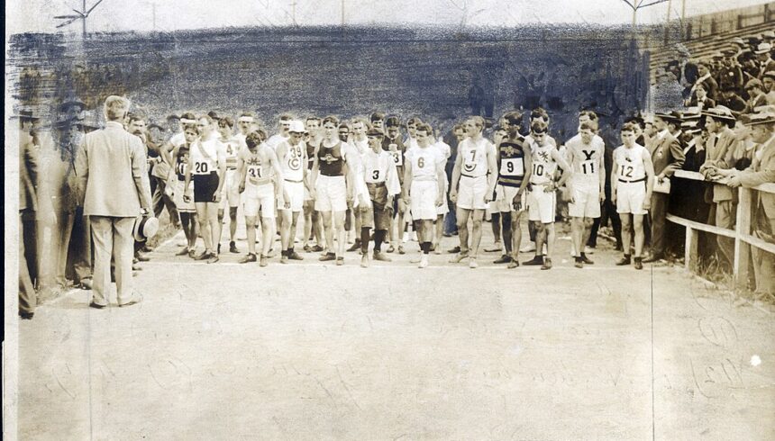 Runners lined up at the start of the 1904 St. Louis Olympic marathon receiving instructions
