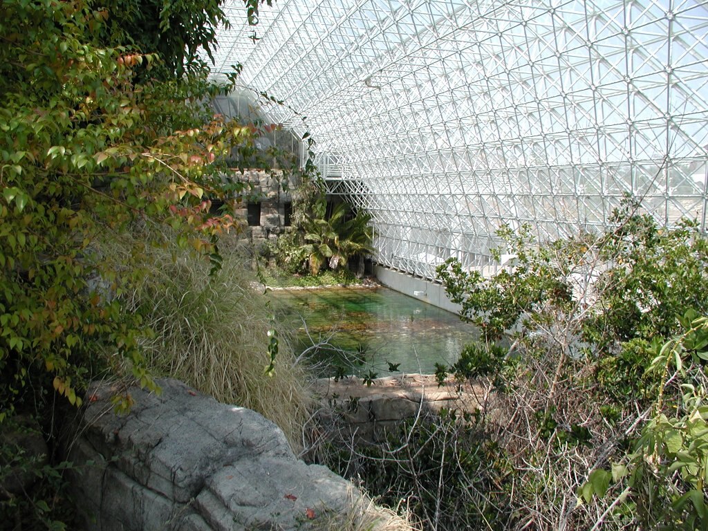 Interior view of Biosphere 2 showing the enclosed ecosystems