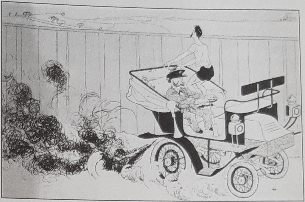 Cartoon showing Fred Lorz cheating in the 1904 St. Louis Olympic marathon