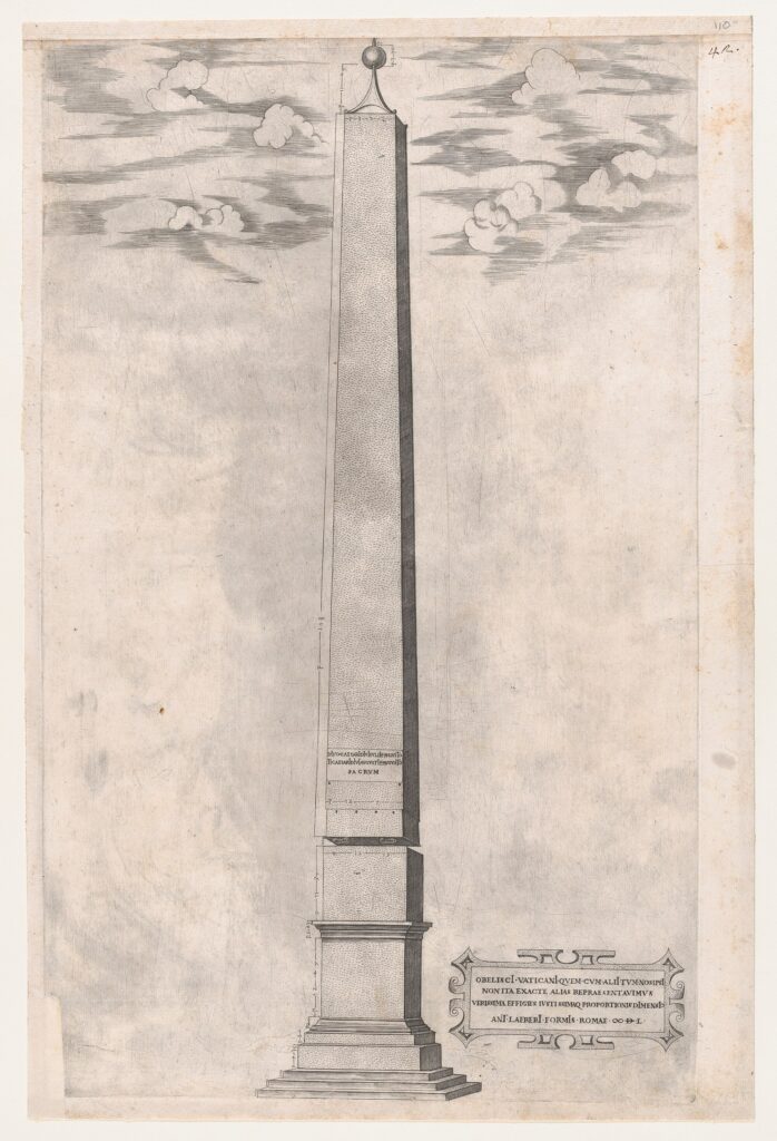 Illustration of the Vatican Obelisk before its relocation by Sixtus V, from the Speculum Romanae Magnificentiae series circa 1550