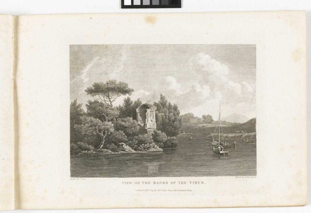 View of the banks of the Tiber in Rome, showing the narrow river route relevant to the transport of the Vatican Obelisk through the city