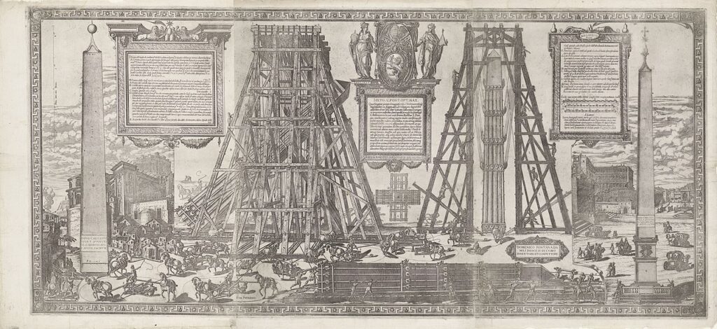 Illustration showing the Vatican Obelisk before and after relocation, first topped with a globe beside Old St. Peter’s Basilica and later with a cross after its move