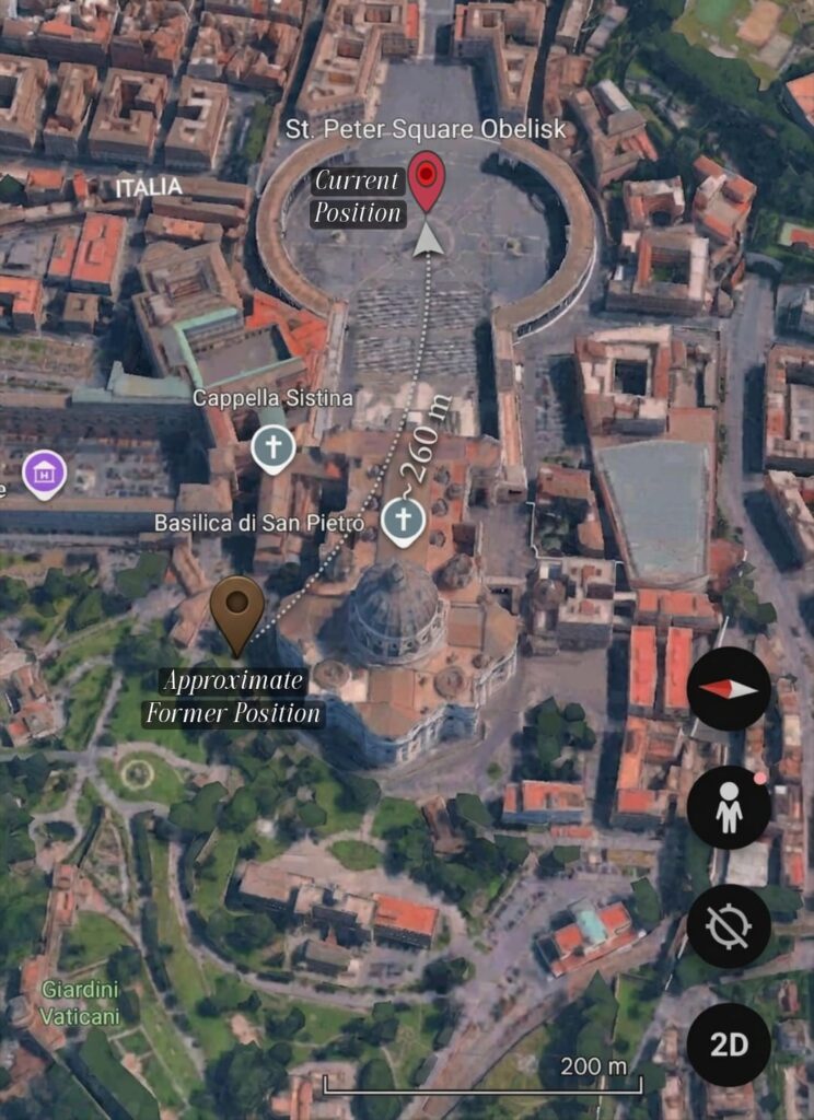 Map showing the former and current positions of the Vatican Obelisk in Rome before and after its relocation to St Peter’s Square