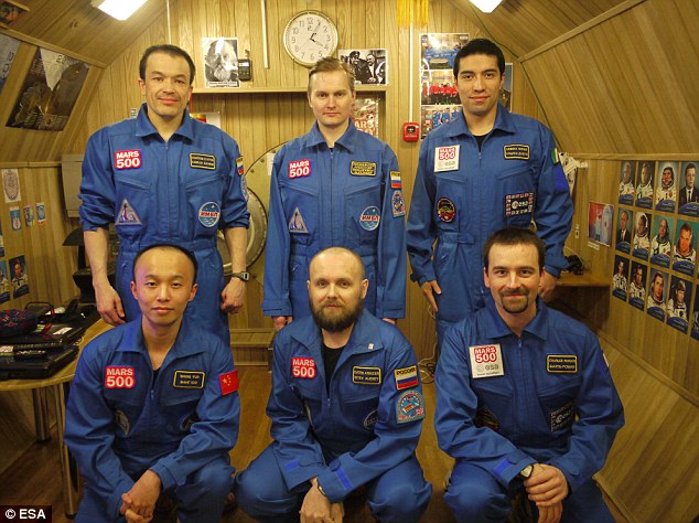 Mars500 crew inside capsule in Russia near the end of a 520 day mock Mars mission