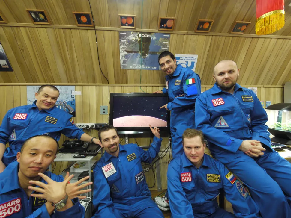 Six volunteers inside the Mars500 mock Mars mission simulation in Russia, a 520 day experiment studying human isolation for future Mars travel