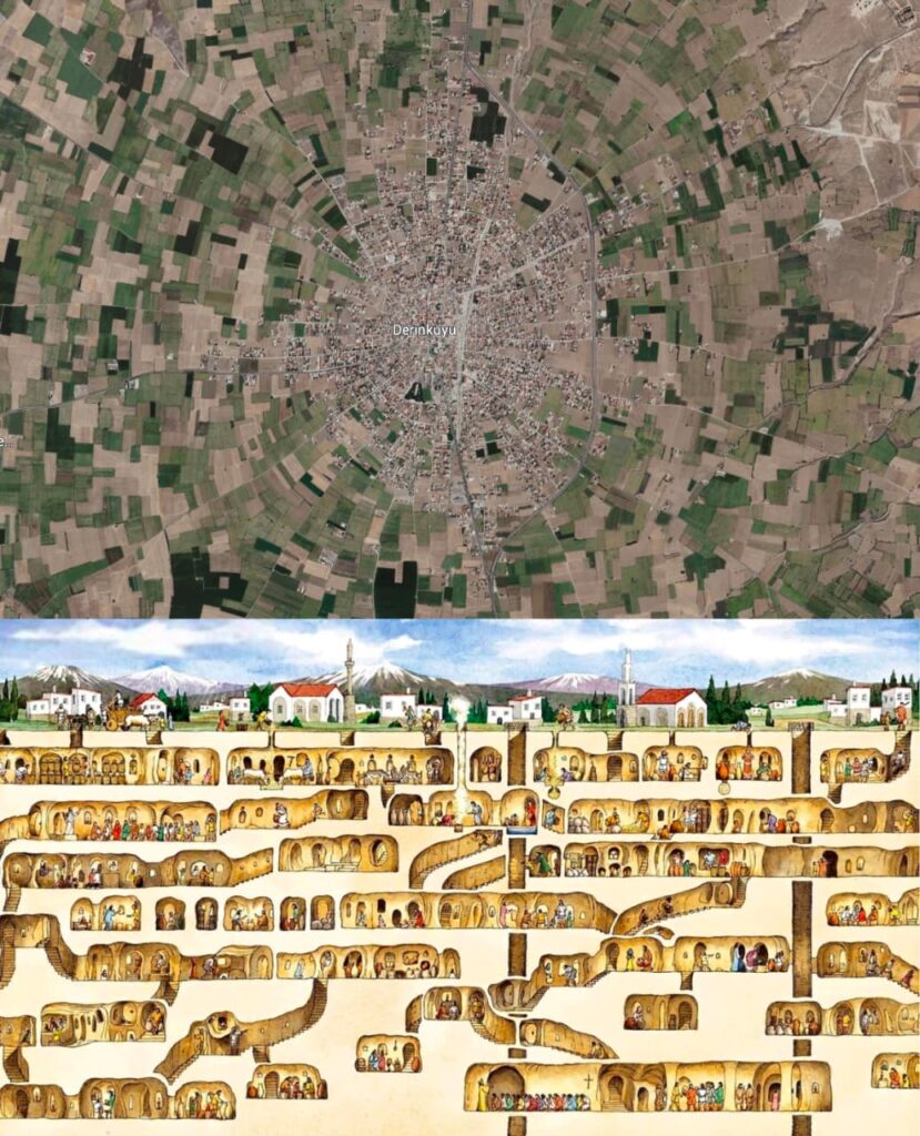 Overhead view of Derinkuyu from Google Earth compared with its underground tunnel network
