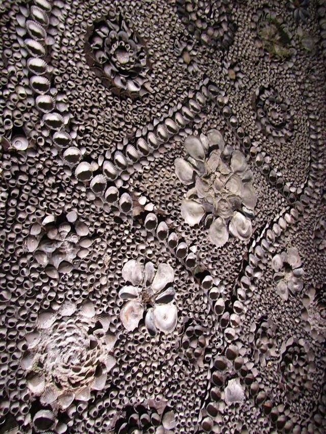 Close view of intricate shell patterns inside the Margate Shell Grotto in Kent