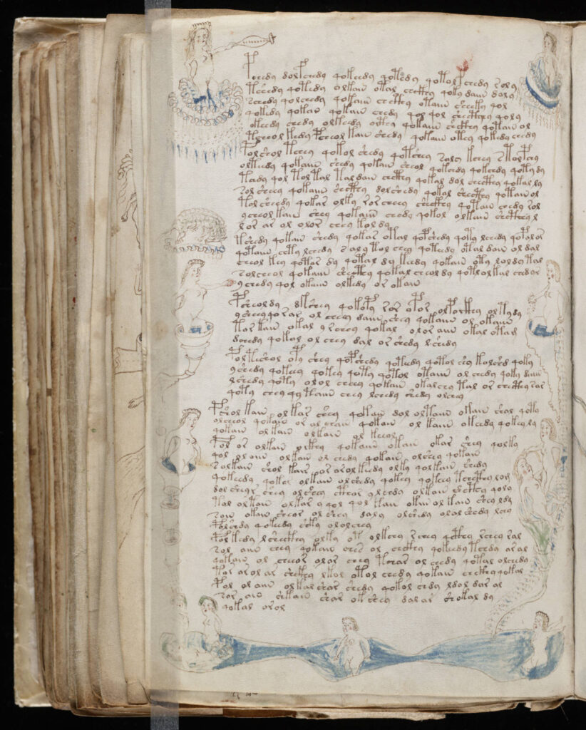 A folio from the Voynich Manuscript showing unusual pigments, strange illustrations, and undeciphered text.