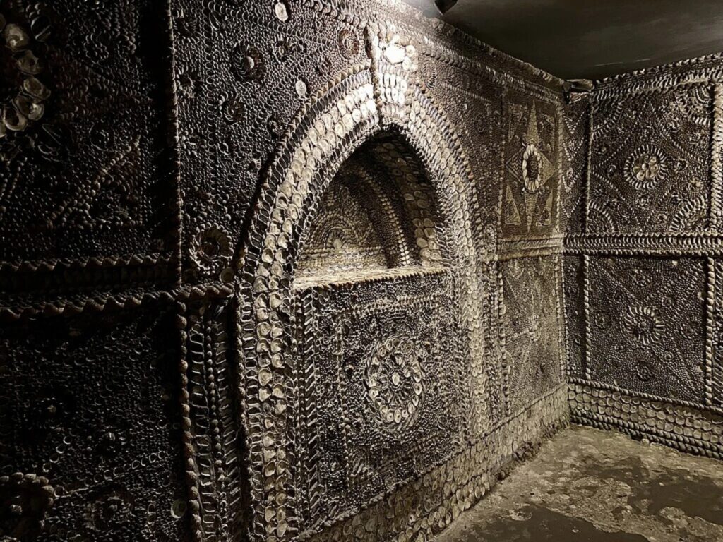 Interior view of the Margate Shell Grotto lined with shell mosaics in Kent