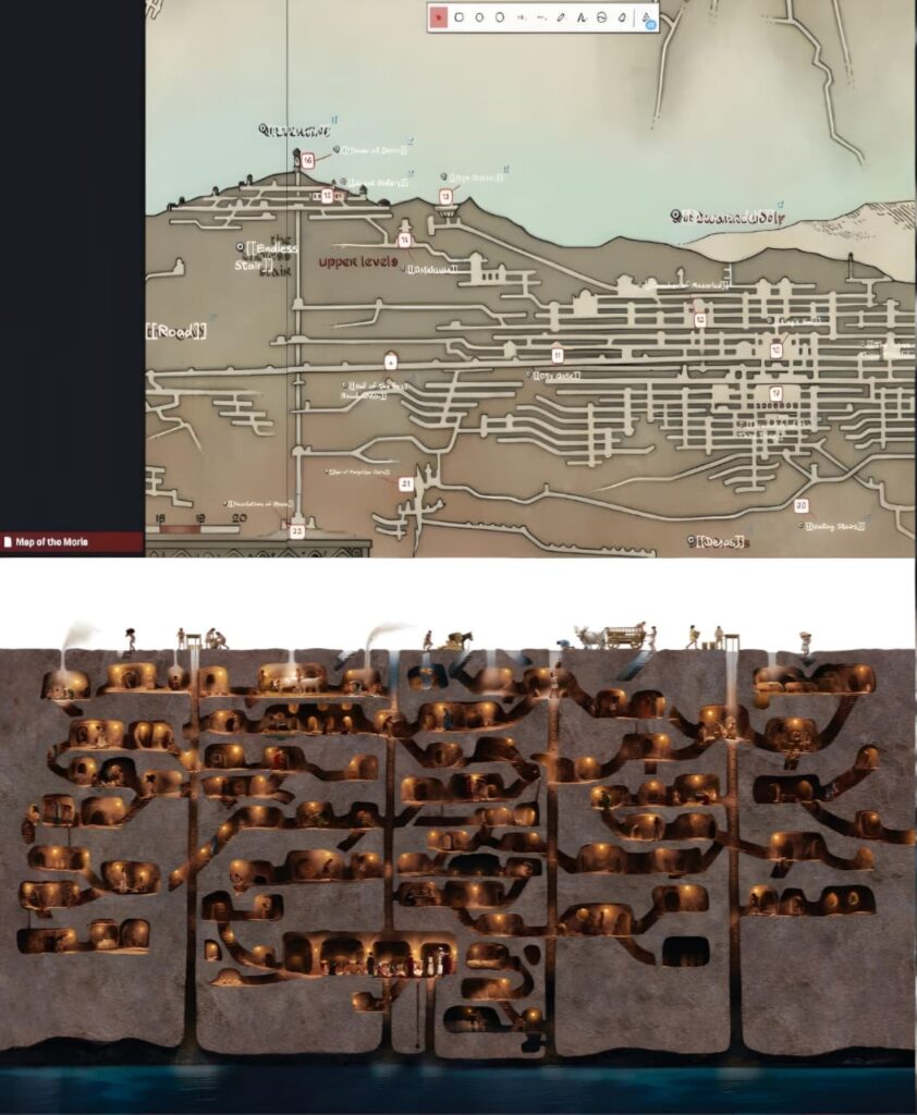 Visual comparison showing the Mines of Moria from The Lord of the Rings beside the underground city of Derinkuyu in Turkey