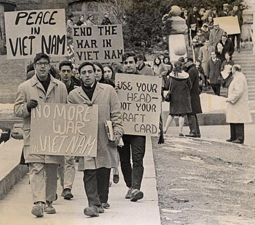 Student protesters marching down Langdon Street at the University of Wisconsin–Madison during the Vietnam War era.
