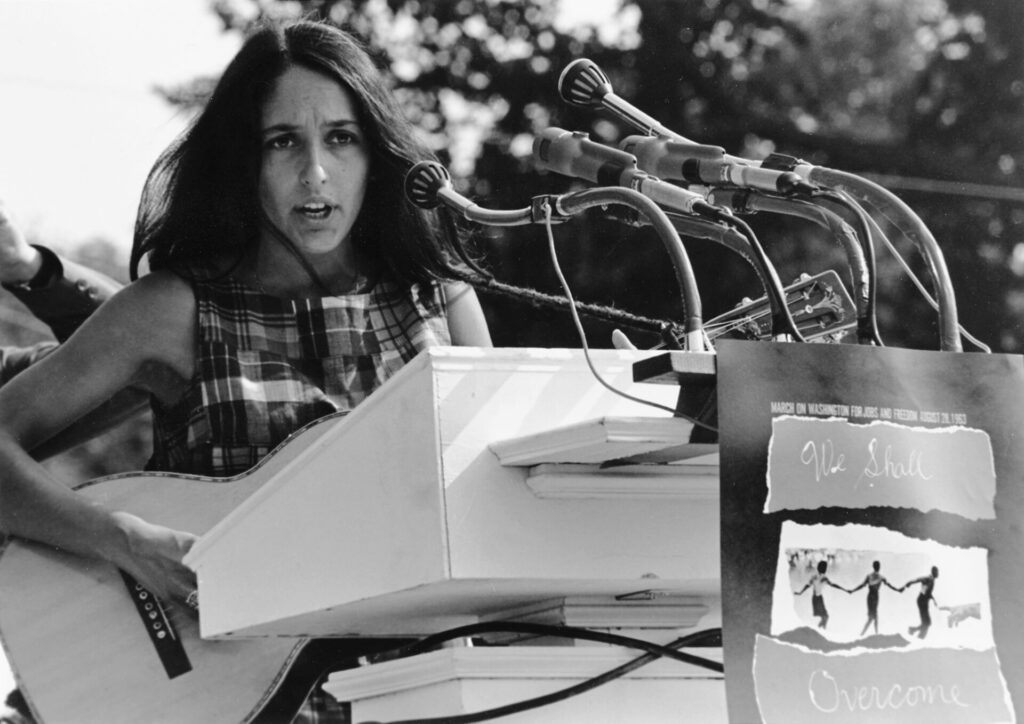Joan Baez performing at the March on Washington protest in 1963. 