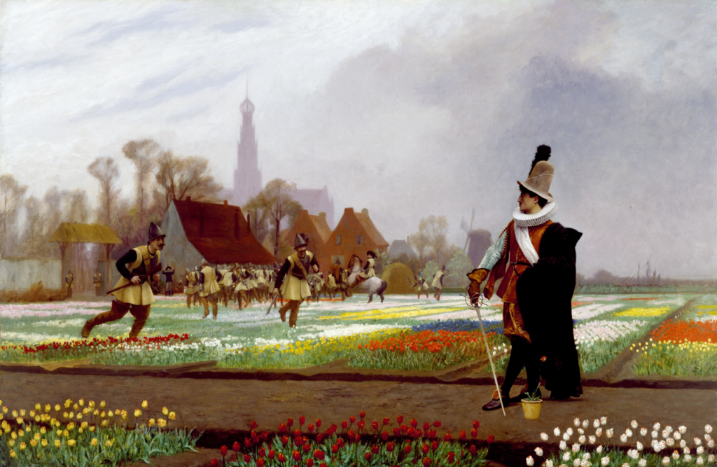 A Jean-Léon Gérôme painting depicting a Tulip Mania incident where a nobleman guards a prized bloom while soldiers trample tulip fields to control supply