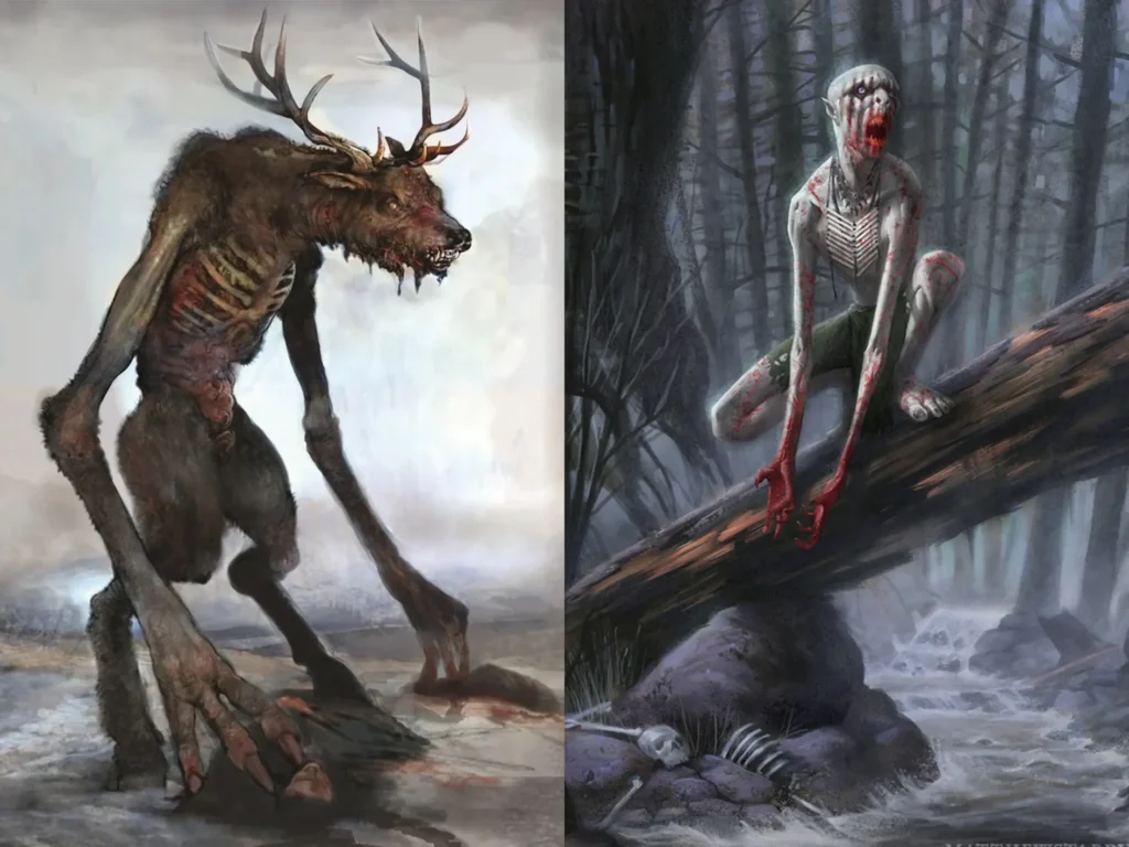 Illustration showing two interpretations of the Wendigo. On the left, a tall skeletal creature with antlers and decaying flesh stands hunched over with long claws. On the right, a pale, emaciated humanoid monster crouches on a fallen tree in a dark forest, with blood around its mouth and skeletal remains below.