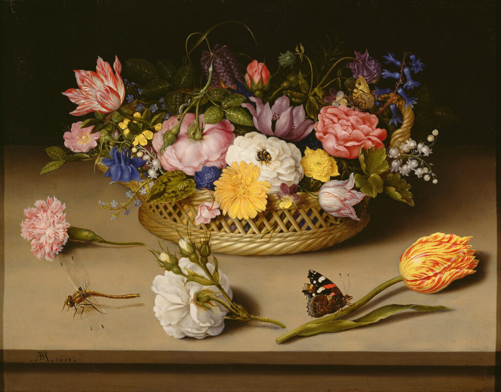 A 1624 flower still life painting by Ambrosius Bosschaert the Elder featuring a basket of mixed flowers including tulips, roses, and carnations with a dragonfly and butterfly in the foreground