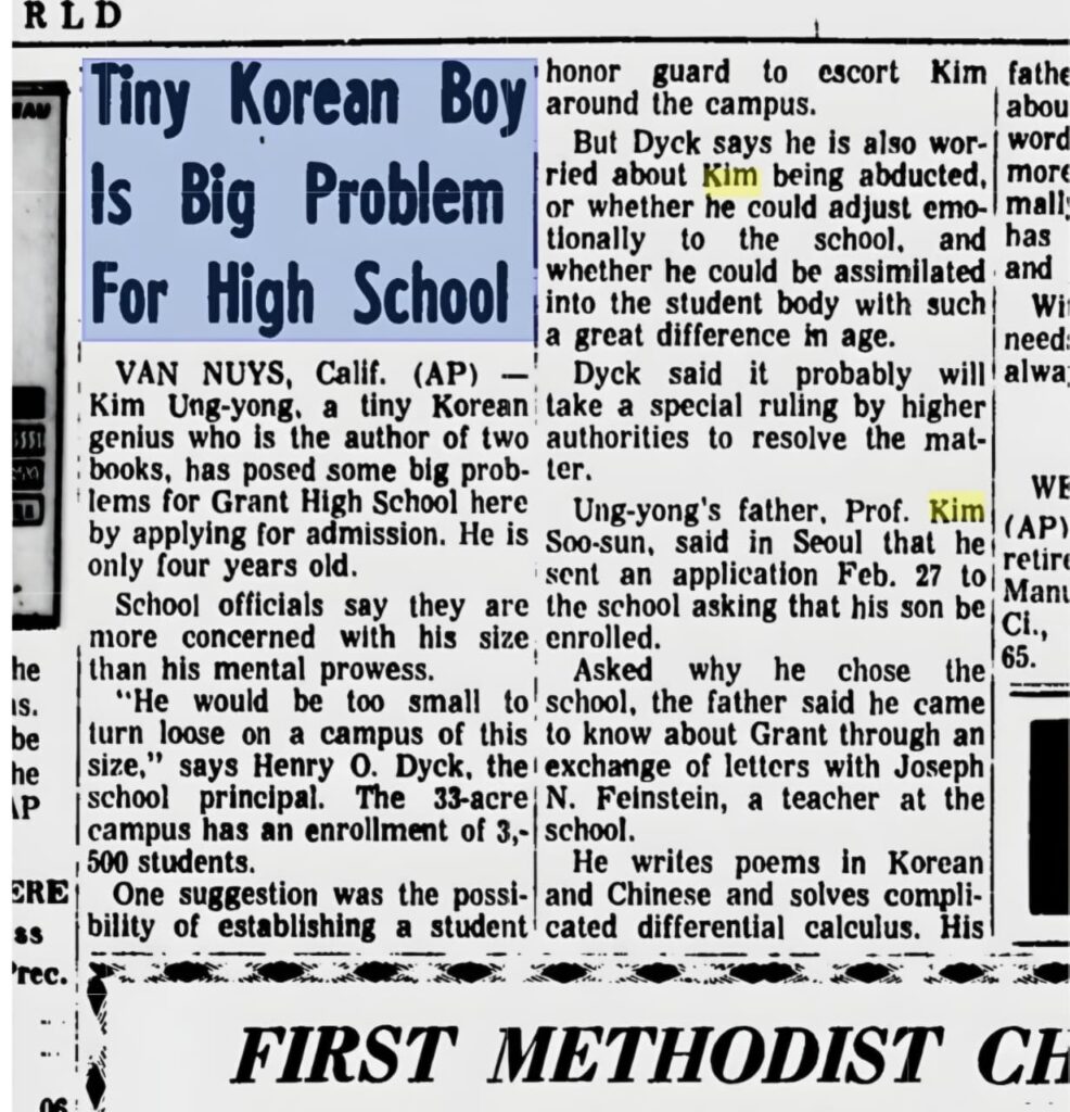 A 1967 article from the 'Lawrence Journal', highlighting the dilemmas in getting young Kim Ung-Yong admitted to an American High School.