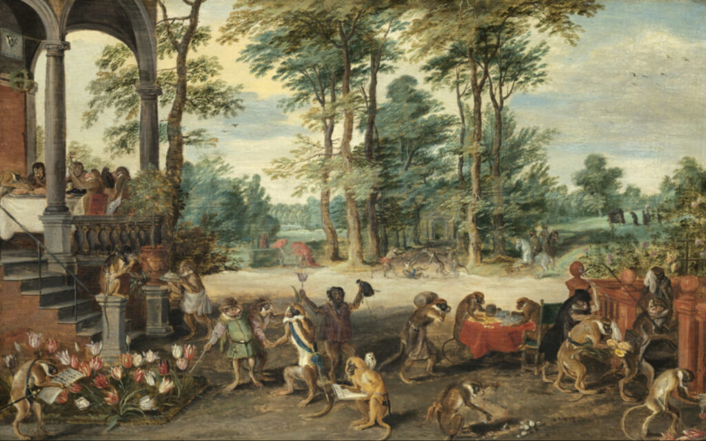 A Jan Brueghel the Younger painting depicting monkeys trading tulips, used as a satire of Tulip Mania speculators