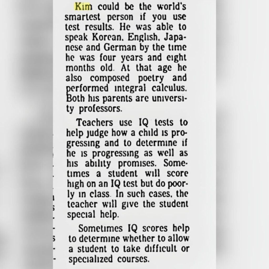 A Pitsby Post Gazette article from 1979, citing Ung-Yong as an example to explain the benefits of an IQ-Test, which was still relatively uncommon among students and parents alike. 