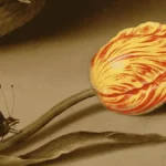 A cropped detail from Ambrosius Bosschaert's 1624 painting showing the Viceroy tulip, a yellow flower with red streaks that was among the most prized varieties during Tulip Mania