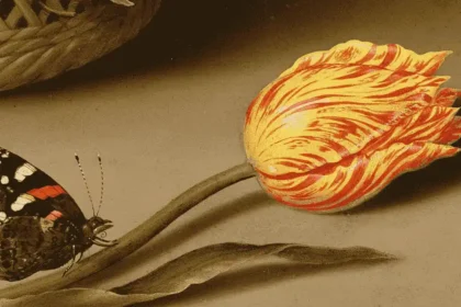 A cropped detail from Ambrosius Bosschaert's 1624 painting showing the Viceroy tulip, a yellow flower with red streaks that was among the most prized varieties during Tulip Mania