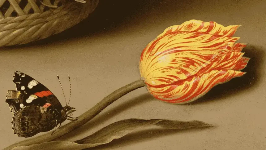 A cropped detail from Ambrosius Bosschaert's 1624 painting showing the Viceroy tulip, a yellow flower with red streaks that was among the most prized varieties during Tulip Mania