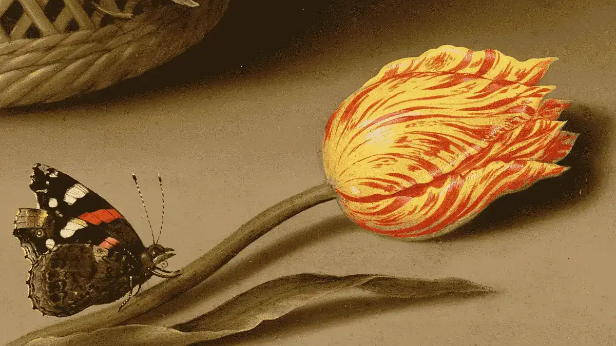 A cropped detail from Ambrosius Bosschaert's 1624 painting showing the Viceroy tulip, a yellow flower with red streaks that was among the most prized varieties during Tulip Mania