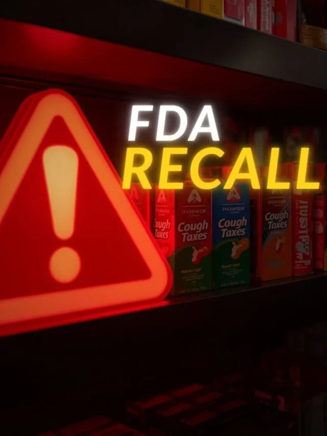 Pharmacy shelf filled with colorful cough drops and throat lozenges boxes, slightly blurred background, dramatic red lighting, glowing red warning triangle with exclamation mark on the left side,