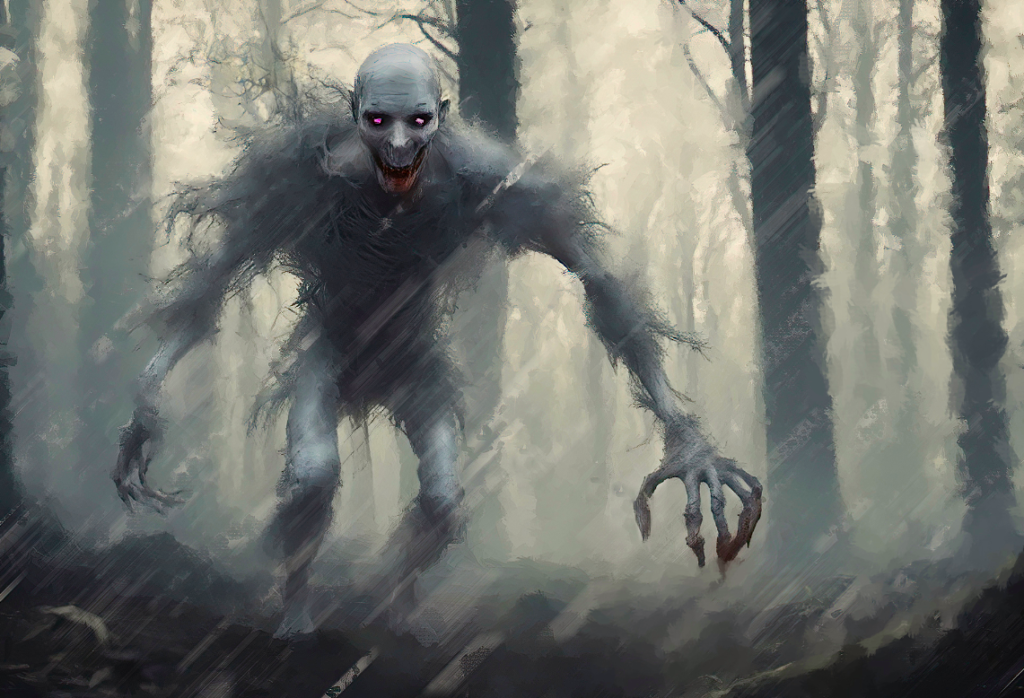 An artist's impression of a Wendigo, showing its emaciated body, long claws, and glowing eyes in hollow sockets.