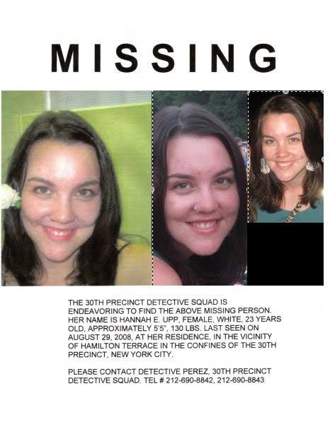 The Missing poster released by the 30th Precinct of NYPD, following Upp's first disappearance. 