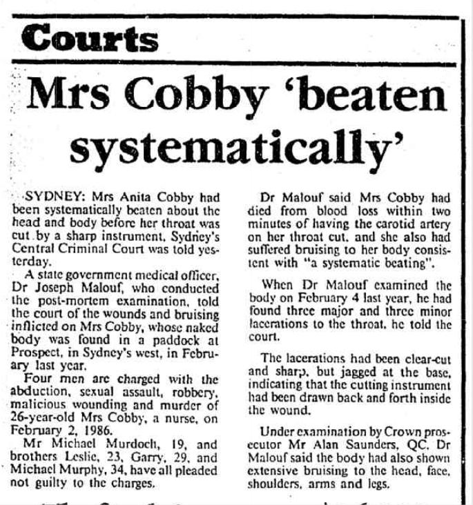 Newspaper article with excerpts from the actual trial proceedings, including testimony from forensic pathologist Dr Joseph Malouf.

