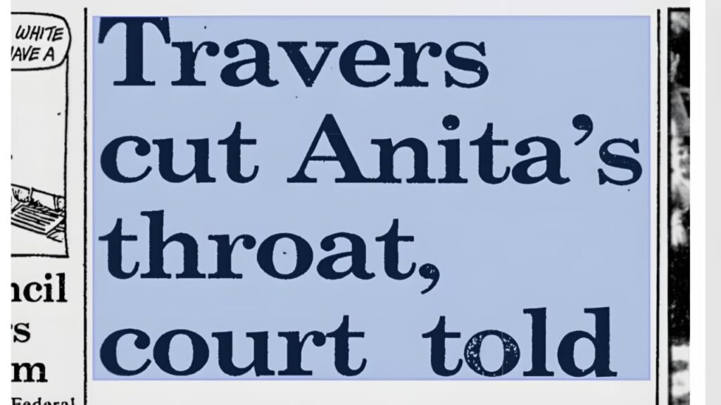 A 1986 Sydney Morning Herald Article's title, implicating Travers as one of Anita's murderers. 
