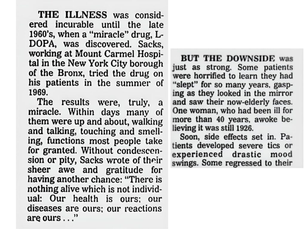 Excerpts from a 1991 article from the Union Democrat, commenting on the effects of L-DOPA on patients.