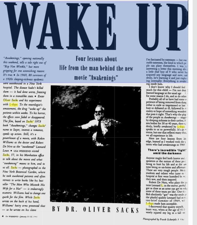 A 1991 article from The Robesonian, published after the film Awakenings' release, in which Dr. Oliver Sacks shares his experiences.
