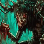 Illustration of a terrifying Wendigo creature standing in a dark forest, with a skeletal deer-like skull face, glowing red eyes, large antlers, and a thin emaciated body covered in dark fur. The creature holds a bloody skull in one clawed hand, surrounded by eerie green light and twisted trees