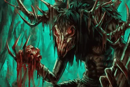 Illustration of a terrifying Wendigo creature standing in a dark forest, with a skeletal deer-like skull face, glowing red eyes, large antlers, and a thin emaciated body covered in dark fur. The creature holds a bloody skull in one clawed hand, surrounded by eerie green light and twisted trees