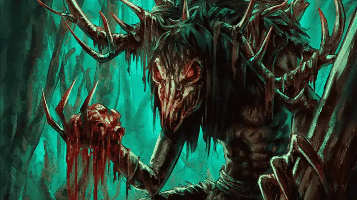 Illustration of a terrifying Wendigo creature standing in a dark forest, with a skeletal deer-like skull face, glowing red eyes, large antlers, and a thin emaciated body covered in dark fur. The creature holds a bloody skull in one clawed hand, surrounded by eerie green light and twisted trees