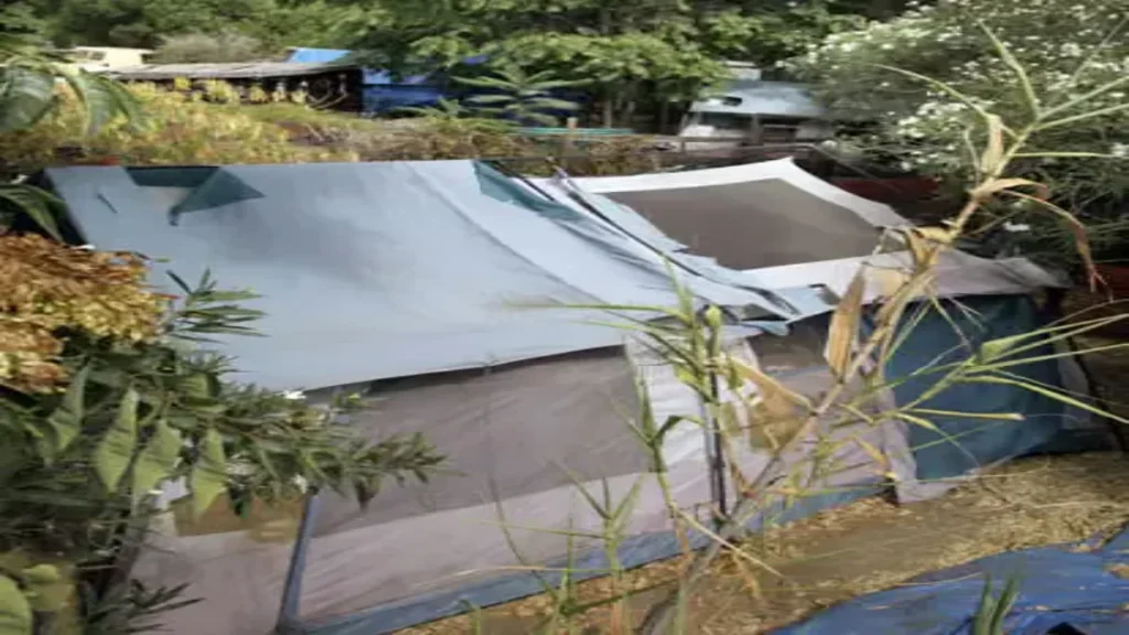 A tent and shacks are seen in the back yard.