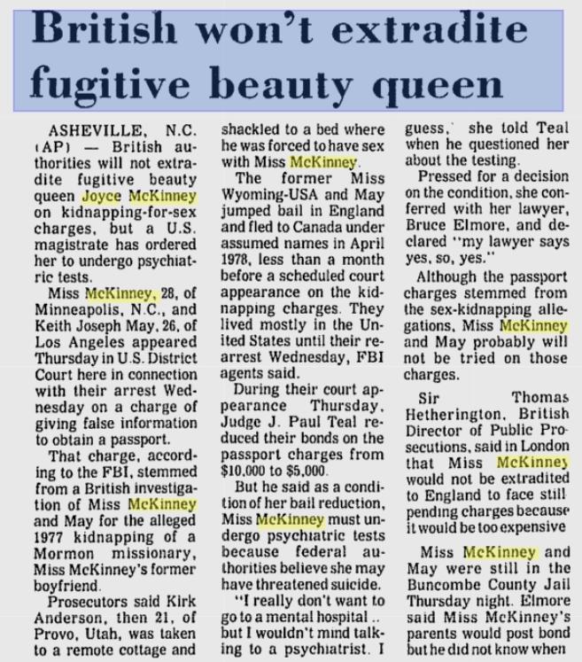 A Gadsden Times report that would detail upon why the British would not extradite Joyce McKinney. Image taken via Google News Archive, from The Gadsden Times