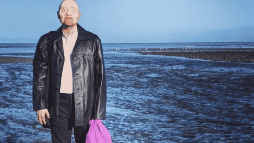 Promotional image for Mr. Bergmann of Deadman’s Point, showing a man in a dark coat standing on a rocky shoreline with the sea behind him and holding a bright purple bag, referencing the unidentified man known as Peter Bergmann.