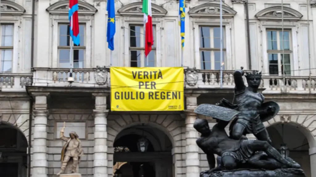 The "Truth for Giulio Regeni" banner has been displayed on the facade of the Palazzo Civico since April 4, 2016