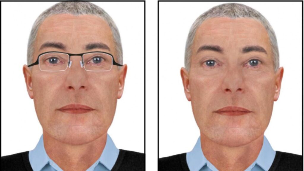 Forensic facial reconstruction showing two front-facing depictions of the unidentified man known as “Sligo Man” or “Peter Bergmann,” one with glasses and one without, created to support identification appeals after his body was found in County Sligo, Ireland, in June 2009