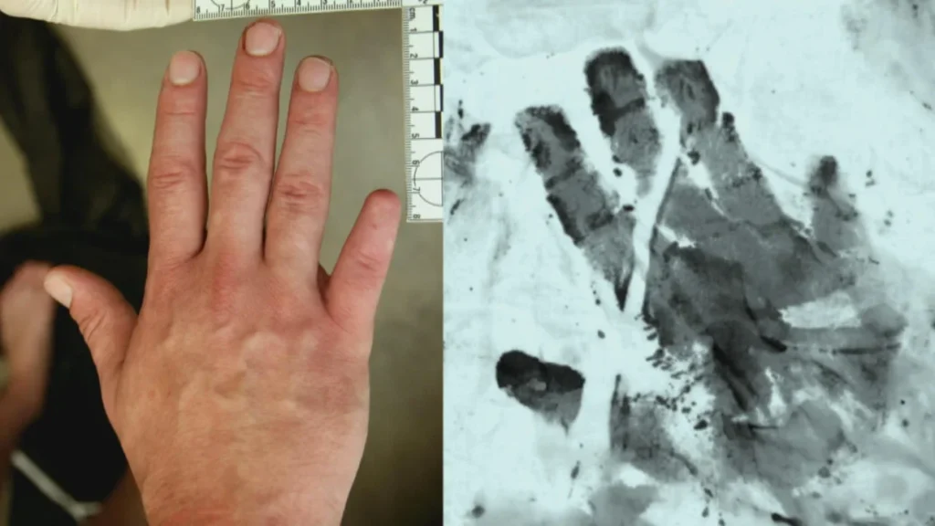 Forensic comparison image from the Iana Kasian murder investigation showing Blake Leibel’s left hand beside a partial bloody handprint recovered as evidence. The print appeared to be missing part of the pinky finger, a detail CBS’s 48 Hours reported was used by investigators while examining evidence connected to the case.