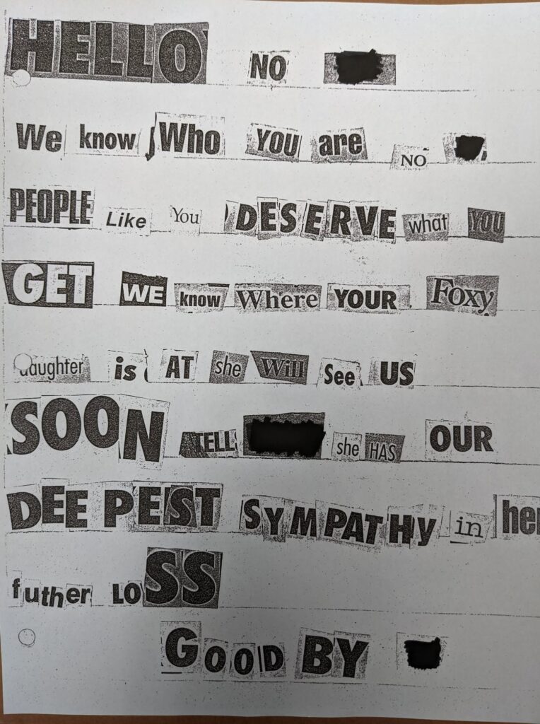 Black-and-white copy of a ransom-style threat letter made from cut-out newspaper and magazine words, sent to a confidential informant whose daughter was also named Angela.