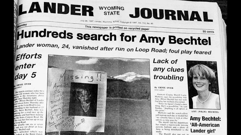 A photograph of the July 28, 1997, front page of the Lander Journal newspaper detailing the early days of the search for Amy Wroe Bechtel