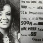 Black-and-white portrait of a young Angela Hammond beside a threatening ransom-style letter made from cut-out words and letters.