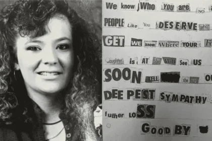 Black-and-white portrait of a young Angela Hammond beside a threatening ransom-style letter made from cut-out words and letters.