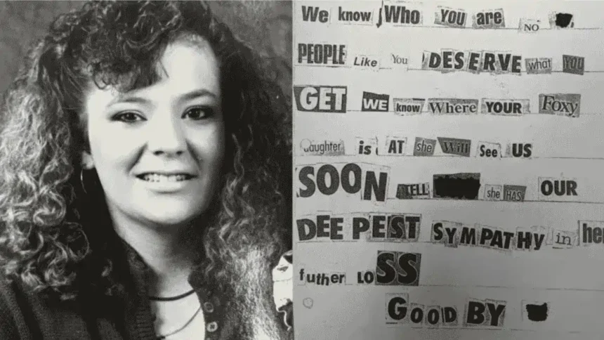 Black-and-white portrait of a young Angela Hammond beside a threatening ransom-style letter made from cut-out words and letters.