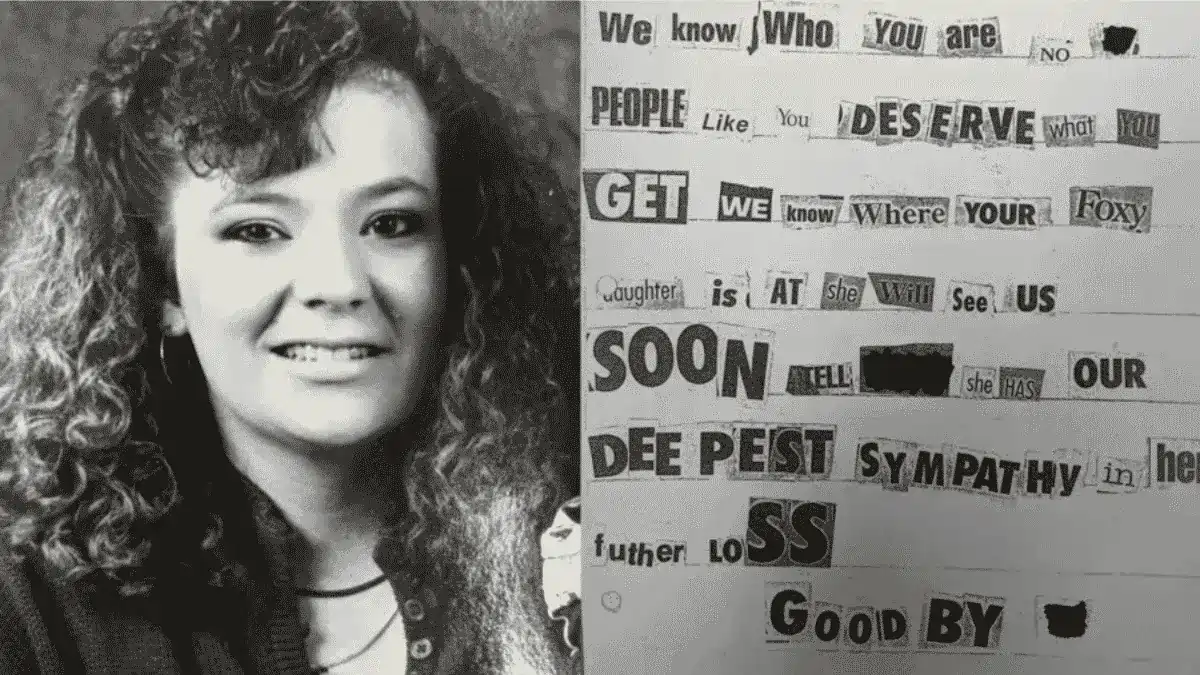 Black-and-white portrait of a young Angela Hammond beside a threatening ransom-style letter made from cut-out words and letters.